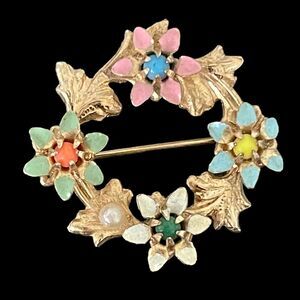 Vintage Multicolor Flowers Wreath Enamel Seed Pearl Prong Set Stones Brooch Pin